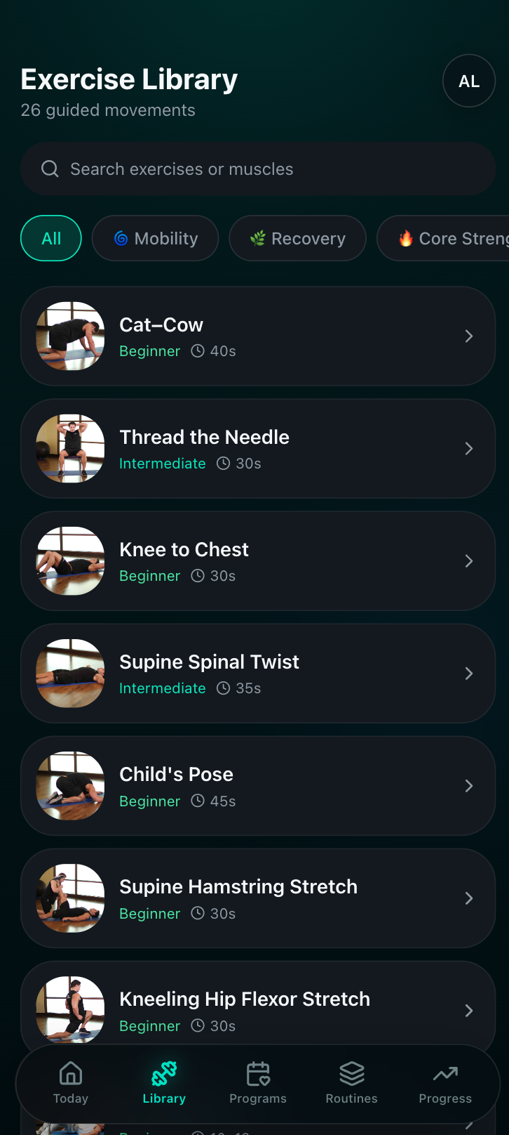 Backmotion library screen