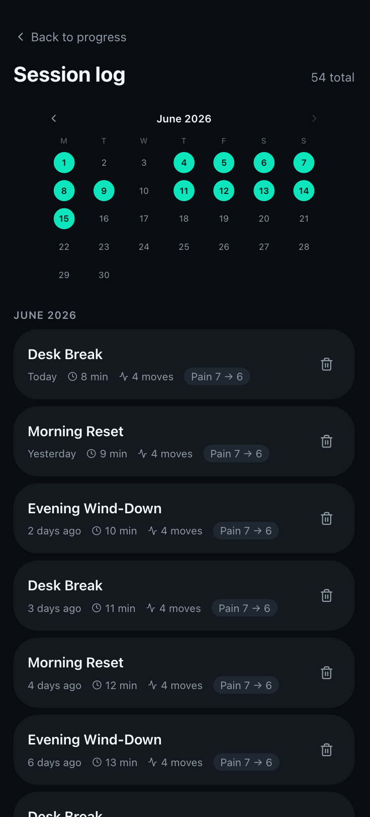 Backmotion log screen