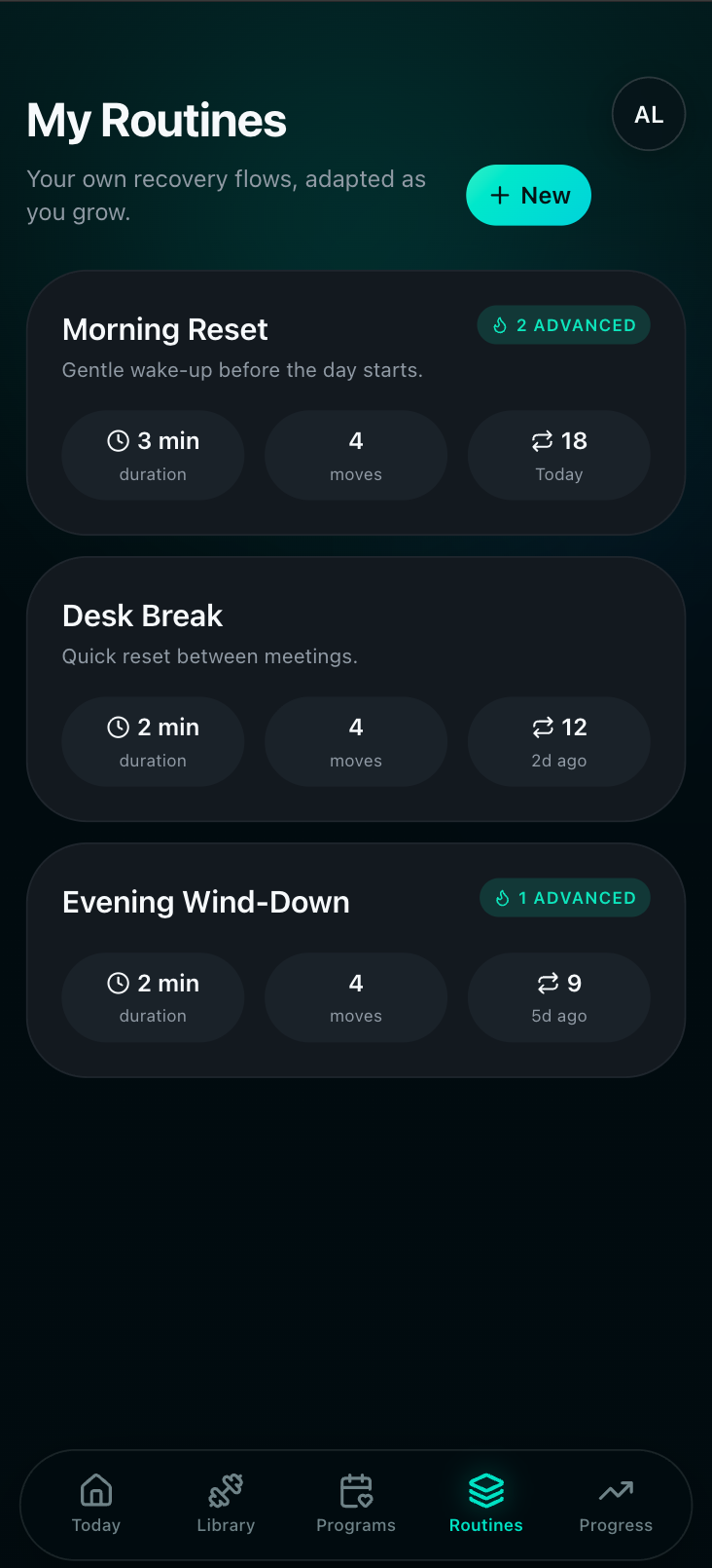 Backmotion routines screen